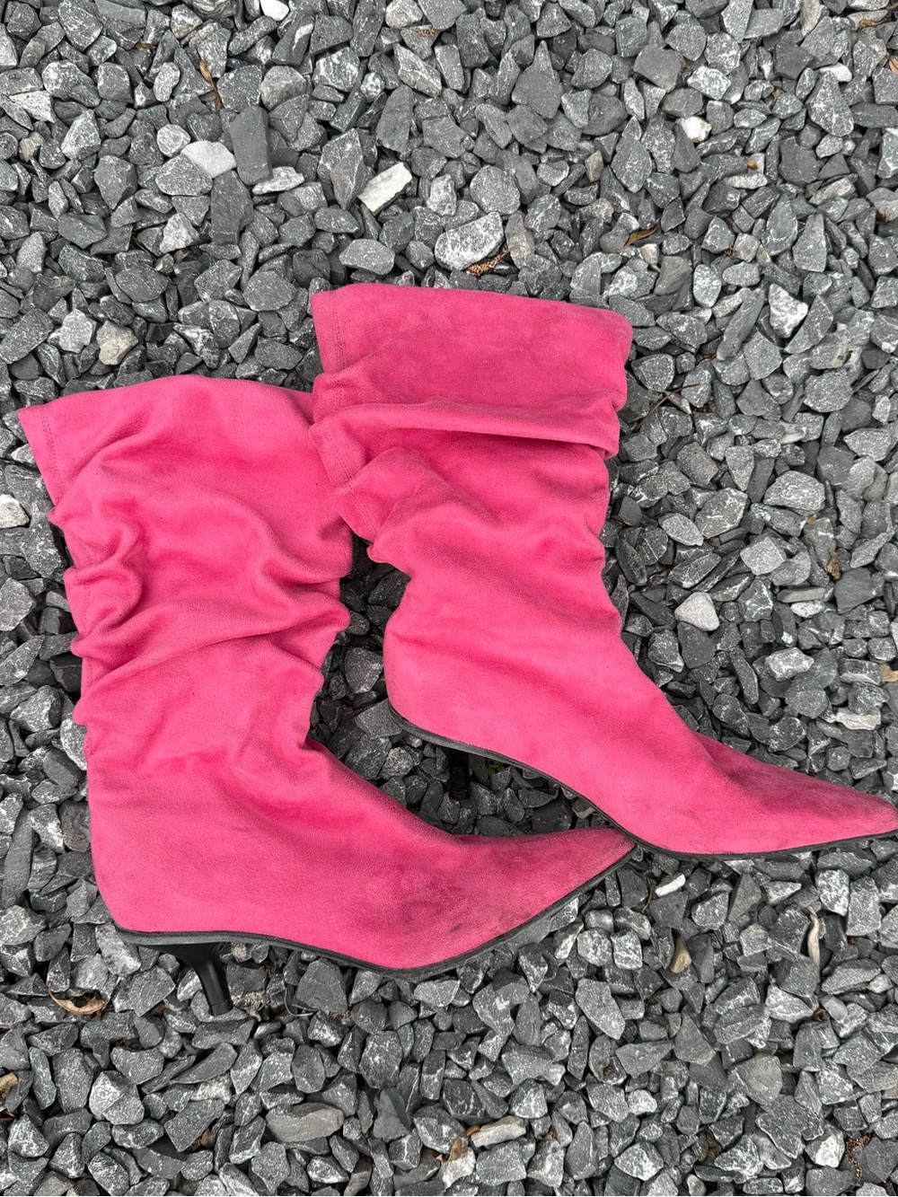 Pink Suede Kitten-Heel Slouchy Boots
